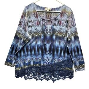 World Unity Women LS 1X Spandex Blend Tops Lace Boho Resort Blue